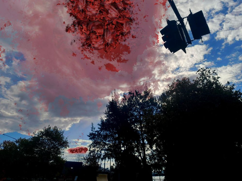 A compressed photo of a few trees and a sky on a cloudy day. two of the clouds are blood red and have a mass of meaty skulls peering out from inside.