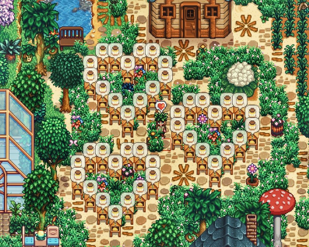 Beehives placed out in the shape of hearts in the game stardew valley