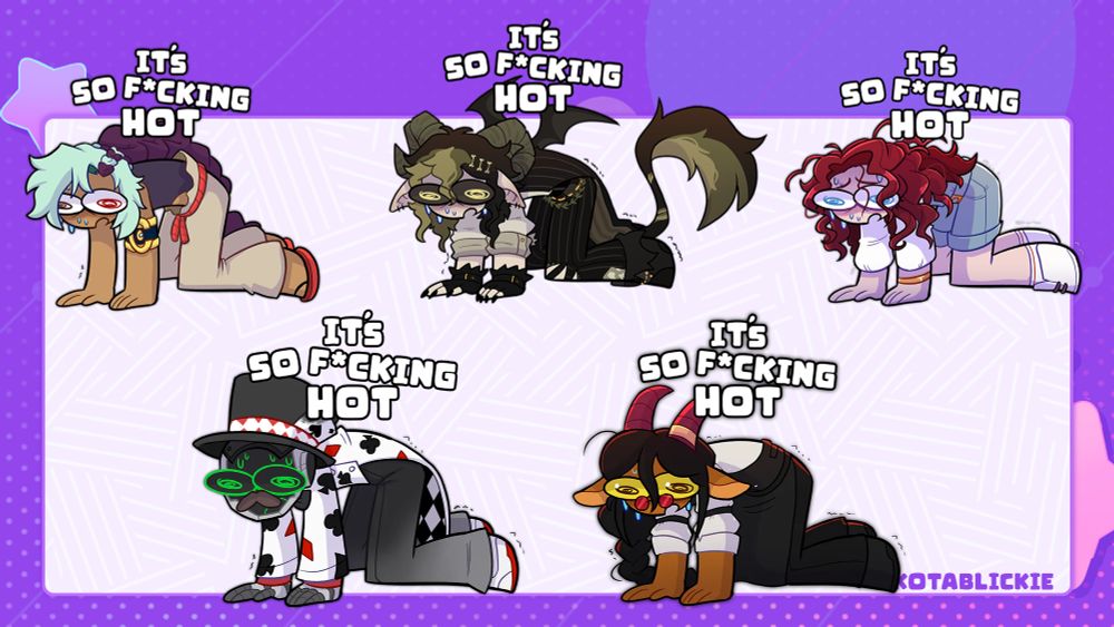 Various commissioned characters on their hands and knees dying from the summer heat

All from a YCH base commission Im offering!