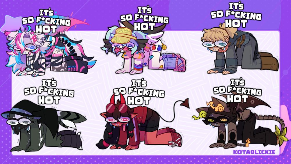 Various commissioned characters on their hands and knees dying from the summer heat

All from a YCH base commission Im offering!
