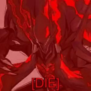 a drawing of a demon with the words `` die '' written in red letters .