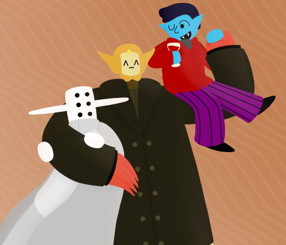 A digital illustration of the characters Dracula from Hylics, Dratula from ENA Dream BBQ, and Dracula from Space Funeral. Dratula is in the middle with a smile utilizing the characters ^_^ to make it. He has his right arm wrapped around Hylics Dracula, pulling him into a side hug. Hylics Dracula is holding onto his arm, looking at the others. Dratula’s left arm is flexed upwards with Space Funeral Dracula sitting on it. He is kicking his feet and holding a wine glass full of blood as he looks down at the other two. 