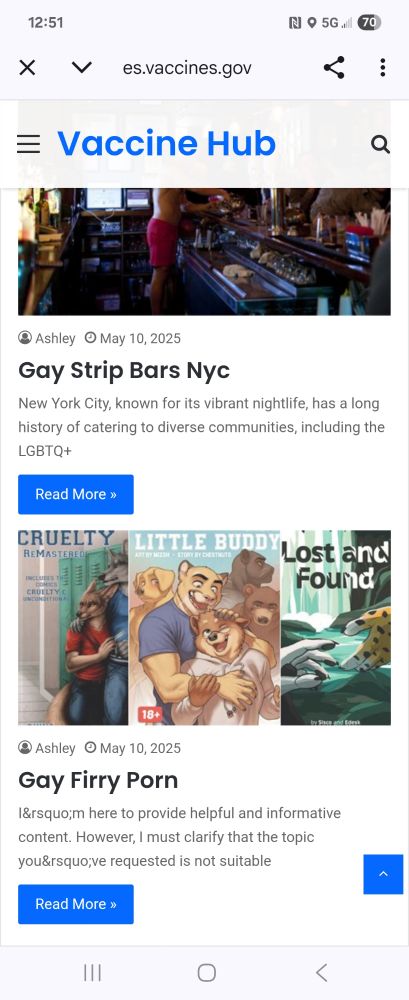 Screenshot from es.vaccines.gov featuring such articles as "Gay Strip Bars Nyc" and "Gay Firry Porn"