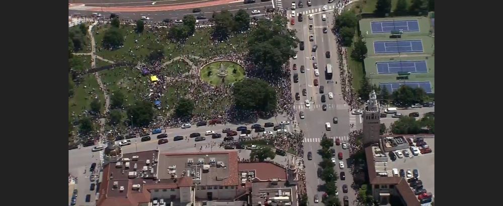 Drone shot of the protest crowd near Country Club Plaza