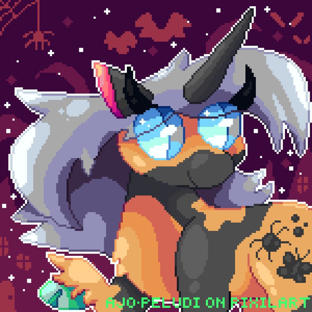 Pixel icon for my ponysona Fearful Night. The pony is black coal and possesses orange spots on her face, chest, front hooves and back. This pony is unicorn. Her hair is gray, long and fuzzy. Her cutie mark is a black spider alongside a butterfly and three black dots.