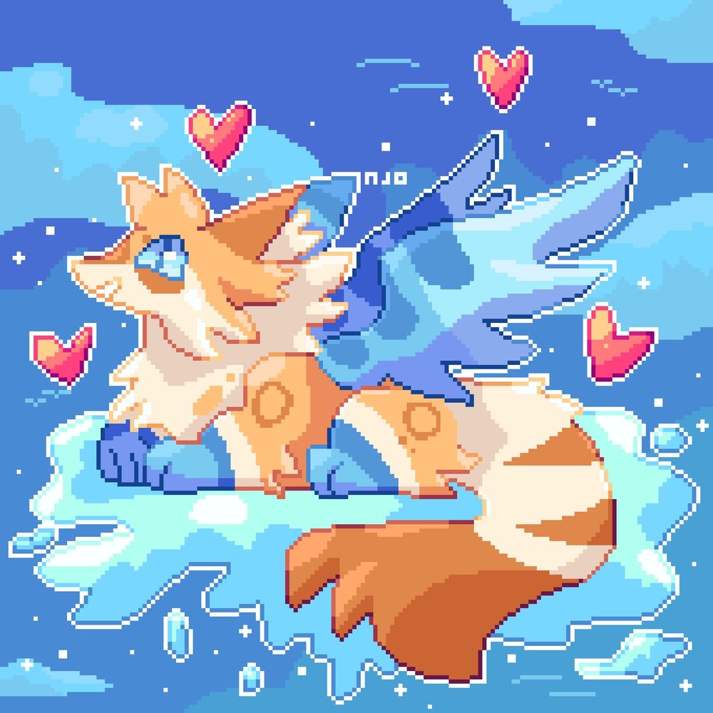 ArtFight revenge on CometzCatz. The image shows an orange cat (I think) with blue wings and white chest. The creature also has darker spots. The character is sitting in a cloud and hearts surround it.