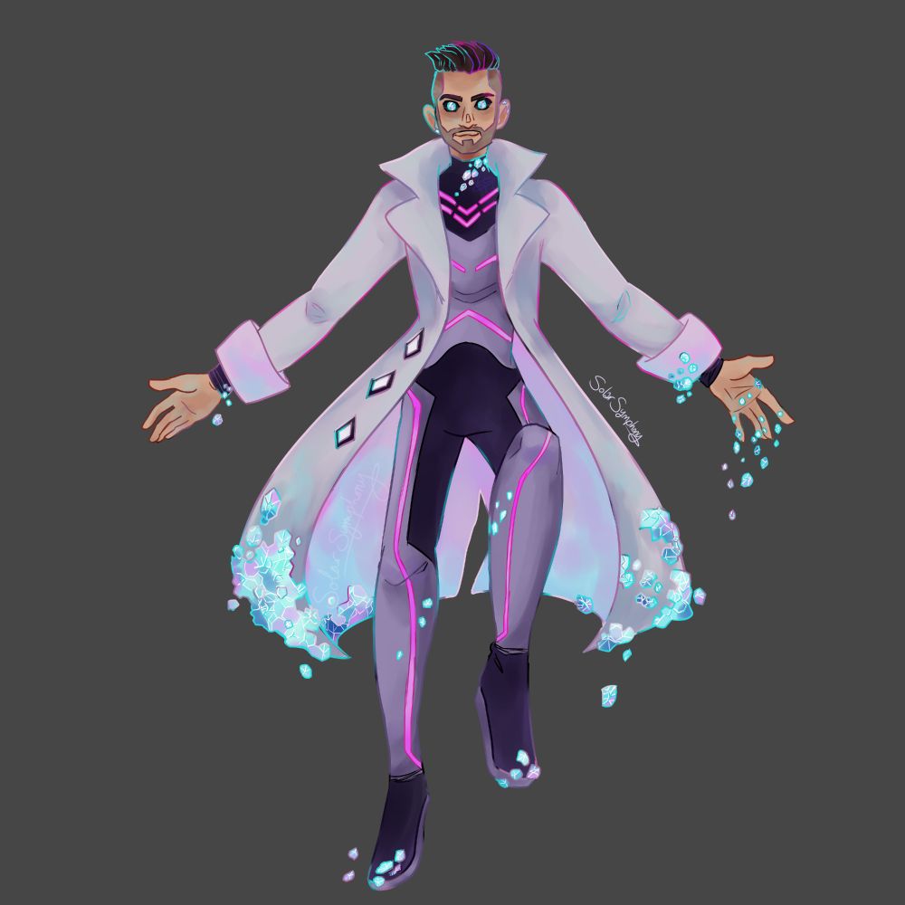 A digital drawing of "AI Turo" from Pokemon Violet. Crystalline growths sprinkle across Turo, particularly on the bottom of his lab coat.