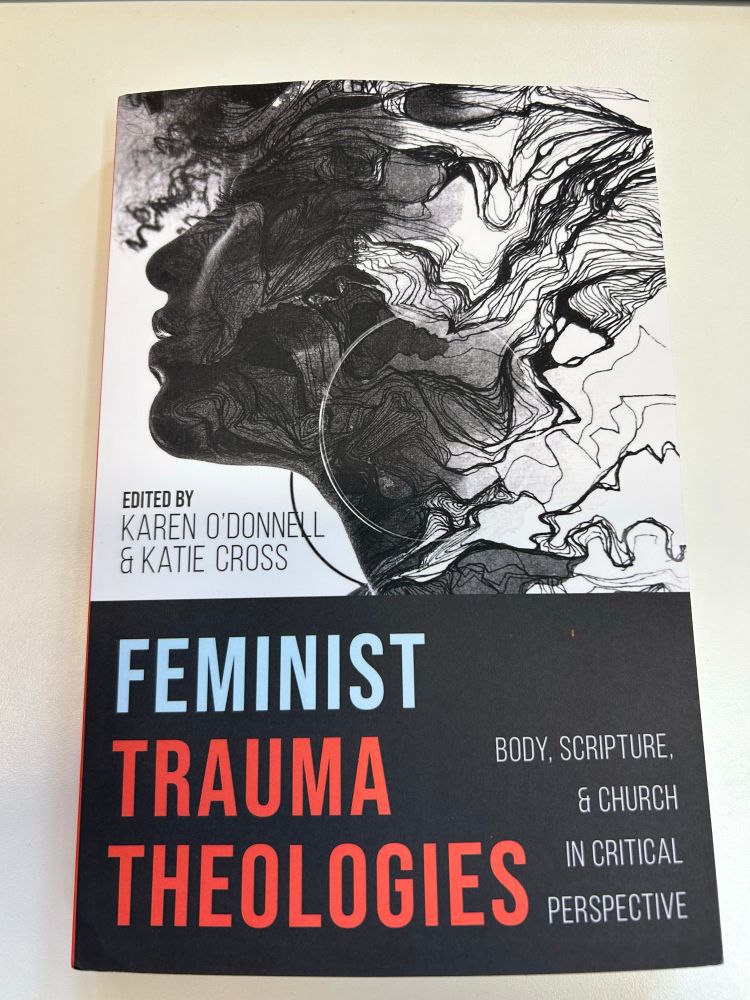 Black and white book cover. Top half has a picture of a sketched head in profile that dissolves into a mess of lines and blurs. The bottom half has the book title in blue and red on black - Feminist Trauma Theologies: Body, Scripture and Church in Critical Perspective