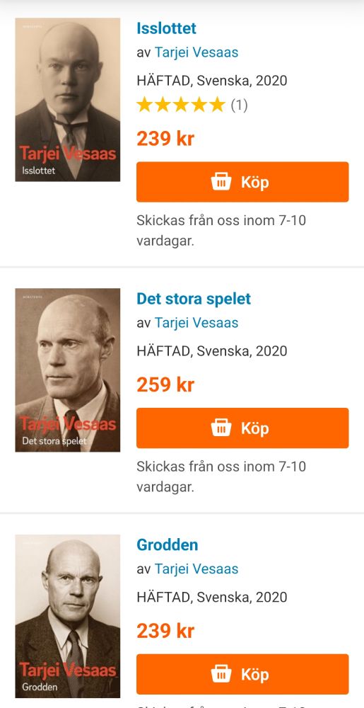 Tre av Tarjei Vesaas romaner med svartvita författarfoton på omslagen. Ser deppigt ut. 