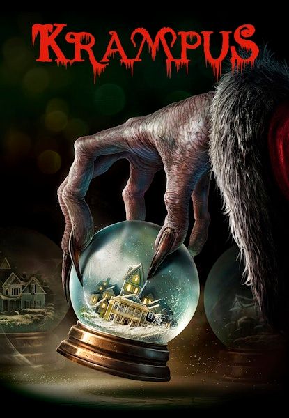Krampus filmposter. En hand med långa naglar eller klor håller i en snöglob. 