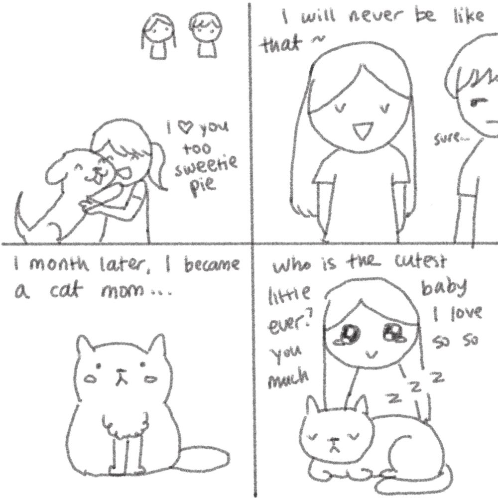 A girl is cuddling her cute dog and saying I love you too sweetie pie. A couple is watching from a distance. Next panel is zoomed in and the girl that was watching from a distance says, I will never be like that. And her partner looks at her with skepticism and says sure.....Next panel says, 1 month later, I became a cat mom. And a plump cat is shown sitting looking a little derpy. The last panel shows the girl that was previously smug, head over heels in love with her cat who is taking a nap. She says to the cat, who is the cutest little baby ever? I love you so so much. 