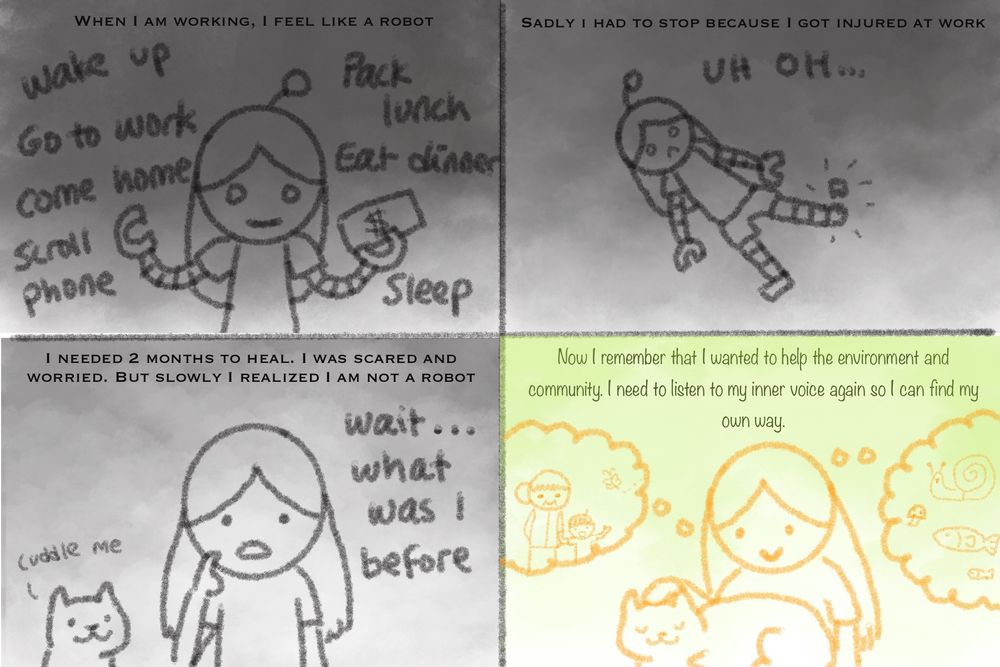 A doodle of a robot girl working in first panel. She is holding money. Text above says, when I am working, I feel like a robot. Text around the robot says, wake up, pack lunch, go to work, eat dinner, scroll phone, sleep. Second panel shows the robot girl with a broken foot. Text says, sadly I had to stop because I got injured at work. Text next to the robot says, uh oh...Third panel shows a girl and her cat. Girl is wondering to herself, wait...what was I before. Cat is saying, cuddle me. Text above says, I needed 2 months to heal. I was scared and worried. But slowly I realized I am not a robot. The last panel shows the girl petting the cat. She is thinking of an old lady and a kid. She is also thinking of a snail, mushroom and fishes. Text above says, now I remember that I wanted to help the environment and community. I need to listen to my inner voice again so I can find my own way.