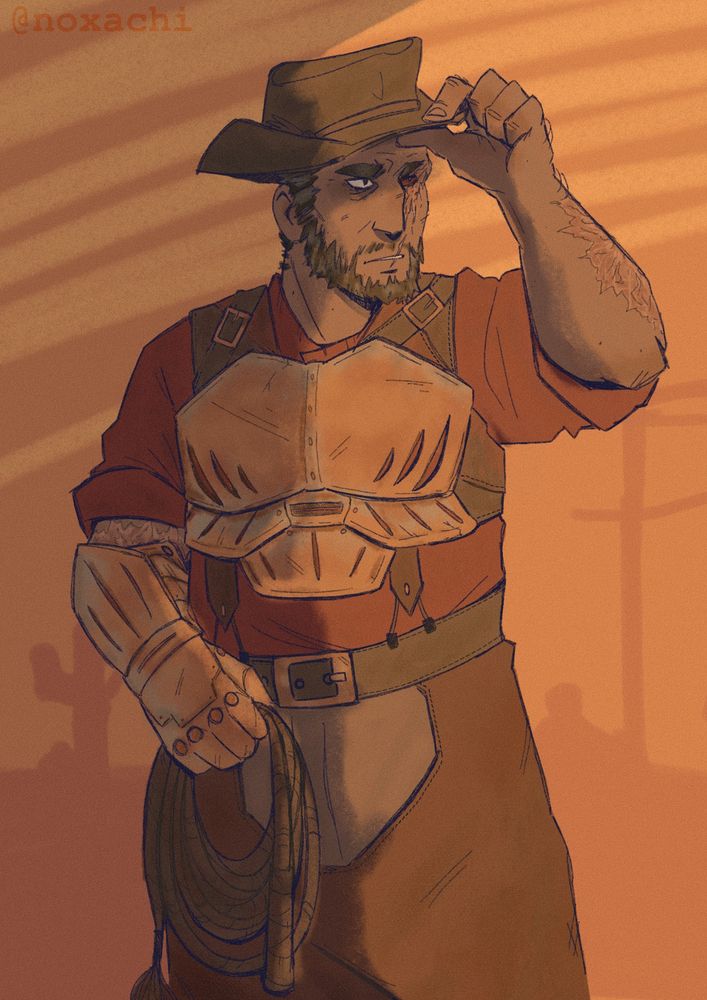 Halfbody of my OC Darió
He stands there, tipping his cowboy hat
in the other hand, he holds a lasso