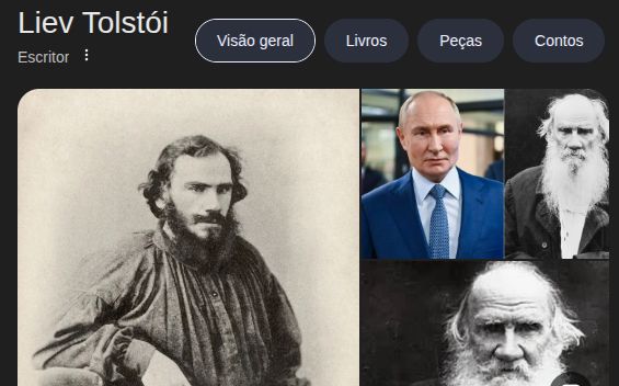 Print do Google mostrando pesquisa para Liev Tolstói. Entre as imagens do escritor, tem uma foto do Putin