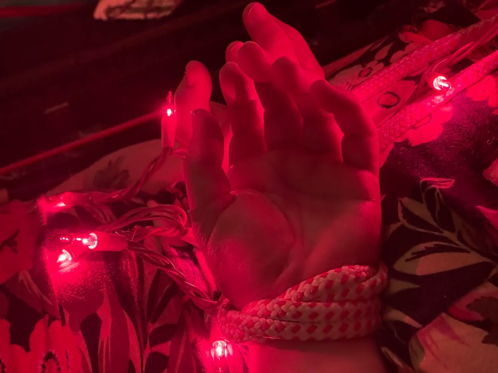 A closeup of hands tied behind their back with rope and more Christmas lights, a detail shot. 
