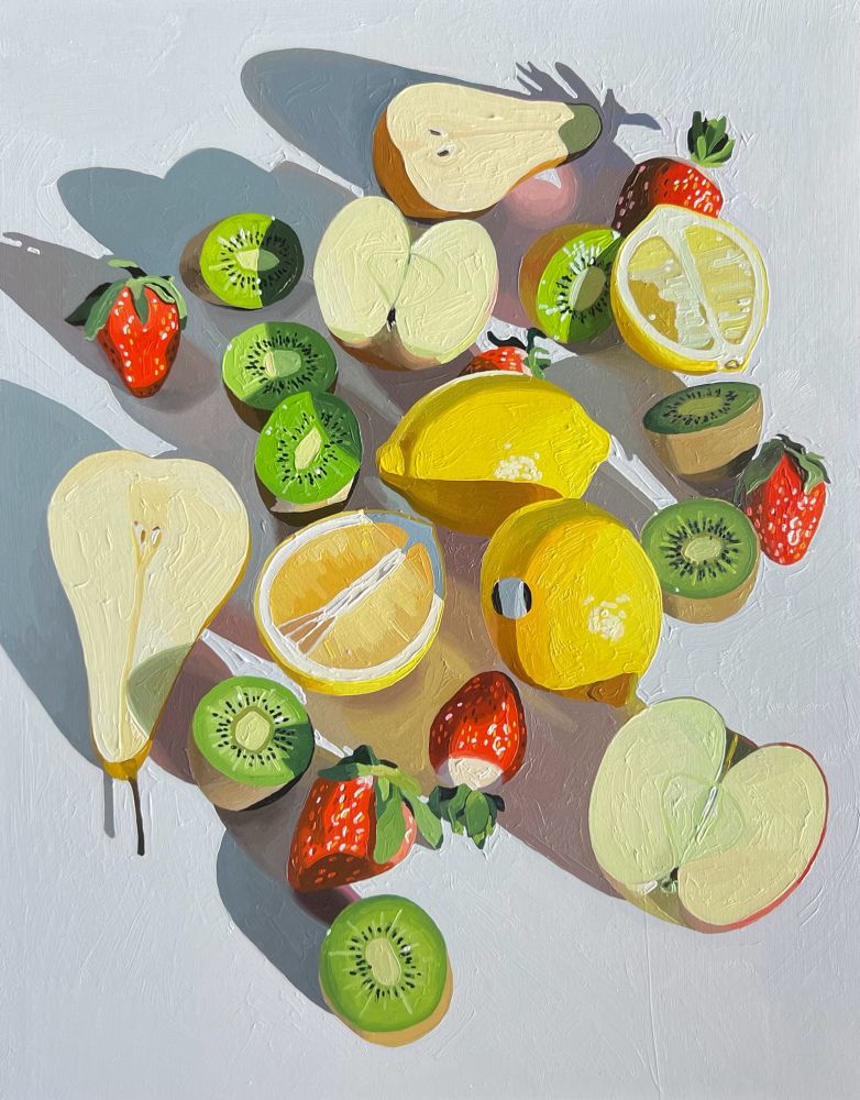 Still life oil painting of pear, lemons, kiwi, apple, and strawberries on a soft light lavender-grey background 