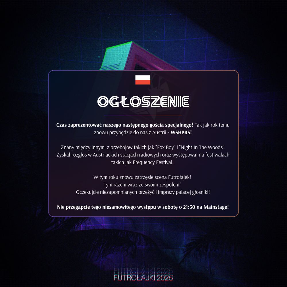 Czas zaprezentować naszego następnego gościa specjalnego! Tak jak rok temu znowu przybędzie do nas z Austrii - WSHPRS!

Znany między innymi z przebojów takich jak "Fox Boy" i "Night In The Woods". Zyskał rozgłos w Austriackich stacjach radiowych oraz występował na festiwalach takich jak Frequency Festival. 

W tym roku znowu zatrzęsie 
sceną Futrołajek! Tym razem wraz ze swoim zespołem! Oczekujcie niezapomnianych przeżyć i imprezy palącej głośniki!

Nie przegapcie tego niesamowitego występu w sobotę o 21:30 na Mainstage!