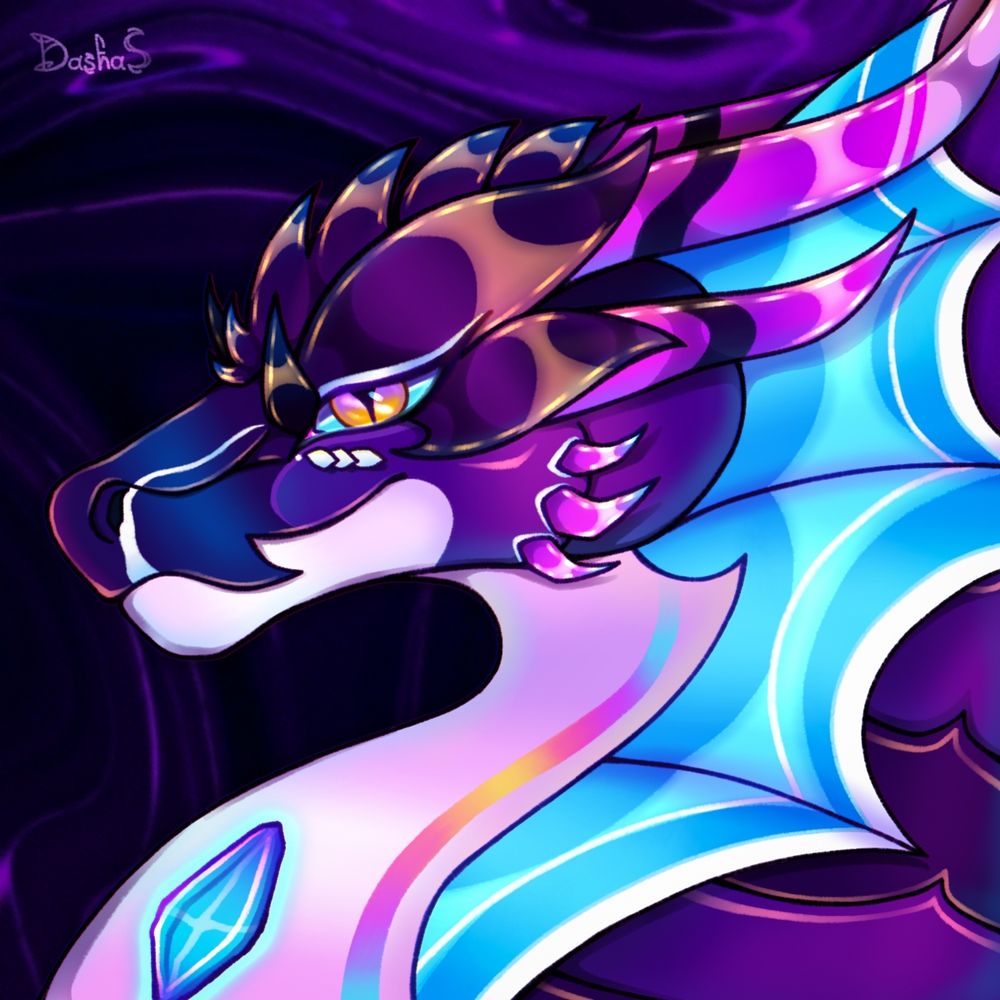 Portrait of a dragon Irridine. He is light pink and dark purple in colour. Two pairs of horns are purple with black stripes, membranes is blue, eye is yellow-light purple. His gaze is calm.