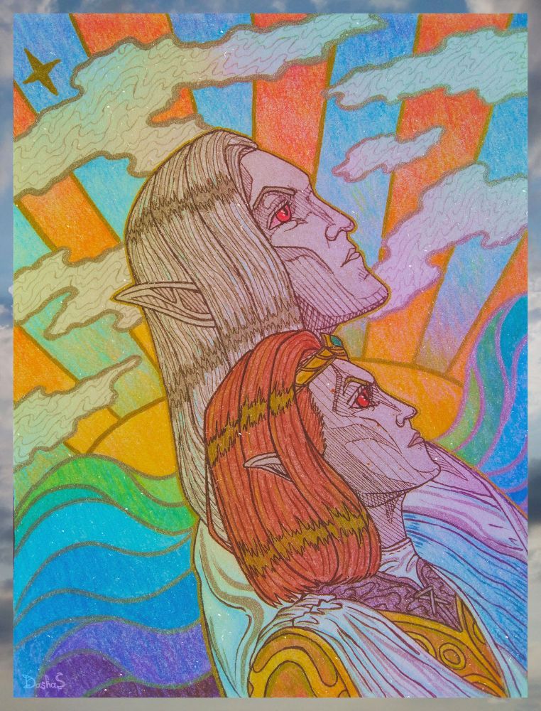 Traditional art (+ yellow-purple overlay gradient) with two characters from The Elder Scrolls universe:
Sotha Sil - dunmer with white hair below the shoulders, gray skin and red eyes. He wears a white robe with a blue cloth over his shoulder. 
Nelia (my original character) - dunmer with brown shoulder-length hair, gray skin and dark red eyes. She wears a white robe and a brass tiara. Her arms are a brass prosthesis.
They're looking at the sky.
On the background there are multicoloured "stained glass" styled sun, star, clouds and sea. My photo of sky as a frame.