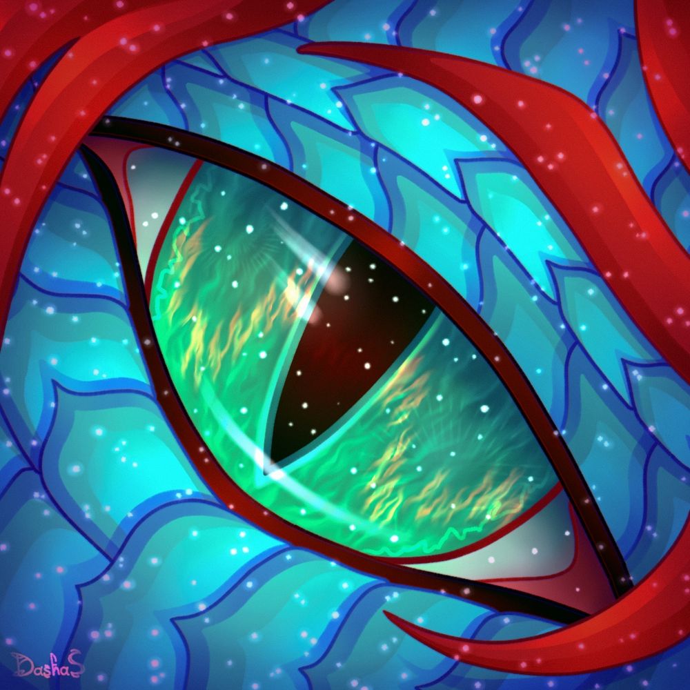The dragon's eye. Black pupil and green iris. The scales around the eye are turquoise, red hair and eyebrow. There is space in the eye.