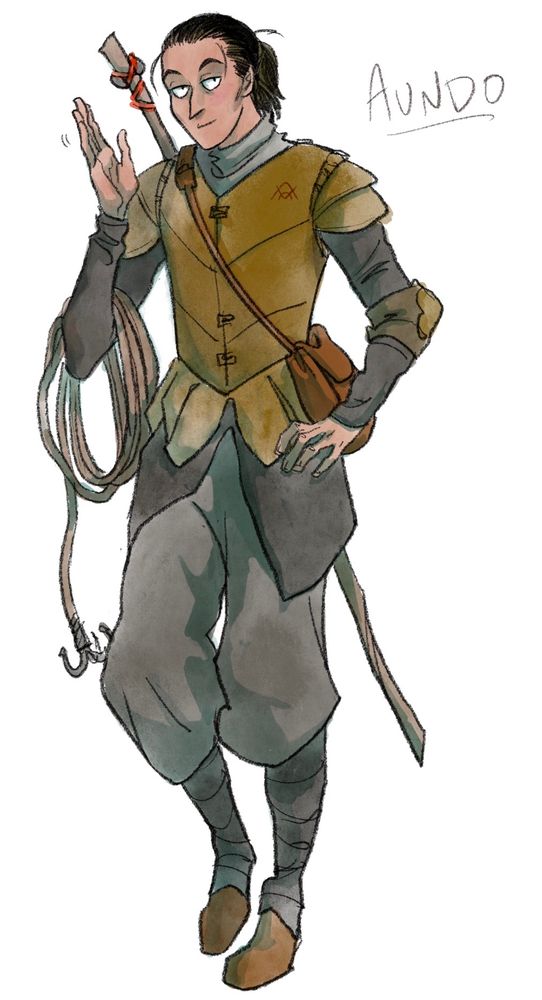 A bored-but-amused looking elf in rock and earth colored gear and leather armor, waving to the viewer, with climbing grapple and staff tied to his back, labeled AUNDO