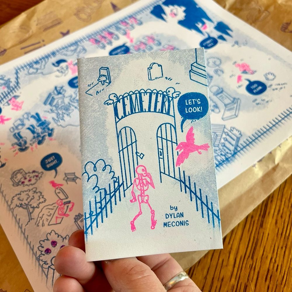 A risograph single page minicomic in neon pink and blue, featuring a skeleton looking at a cemetery gate and a crow saying "Let's Look!" Title: CEMETERY by Dylan Meconis