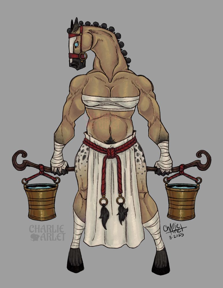 Digital illustration of a woman with a horse head carrying two water buckets on a wooden brace/arch. (I can’t remember what it’s called shshs)