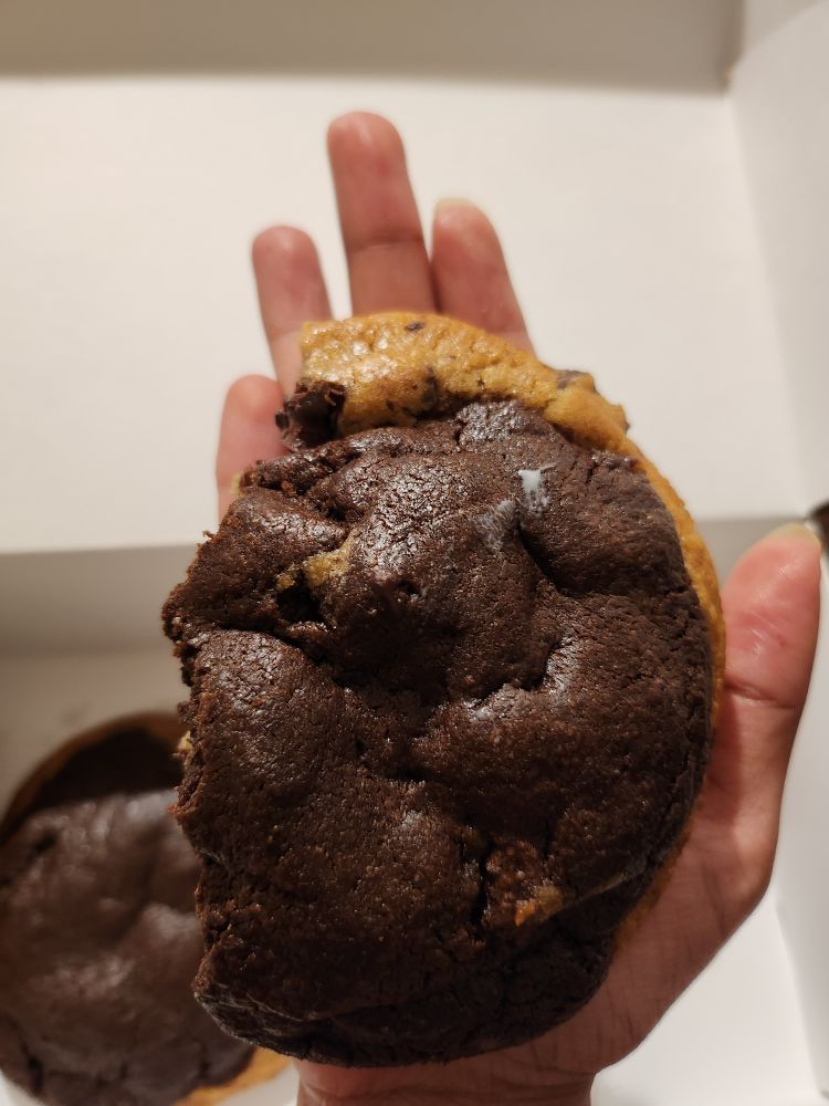 A picture of a partially eaten brookie (brownie cookie) on top of Yel's outstretched hand in real life. The cookie covers the entire palm and some of the digits of the fingers.