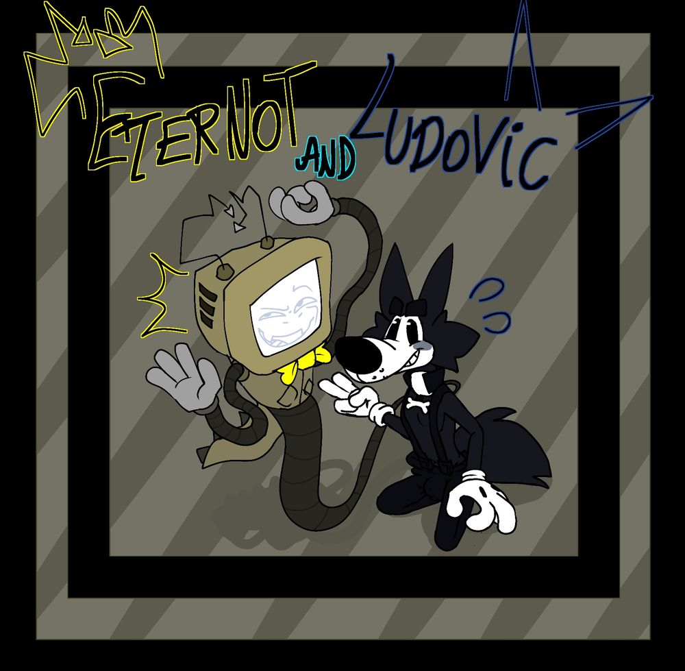 Two characters shown in this drawing posing, one of them in the left being a TV / Computer looking dragon guy and the other one in the right a Ink wolf guy
