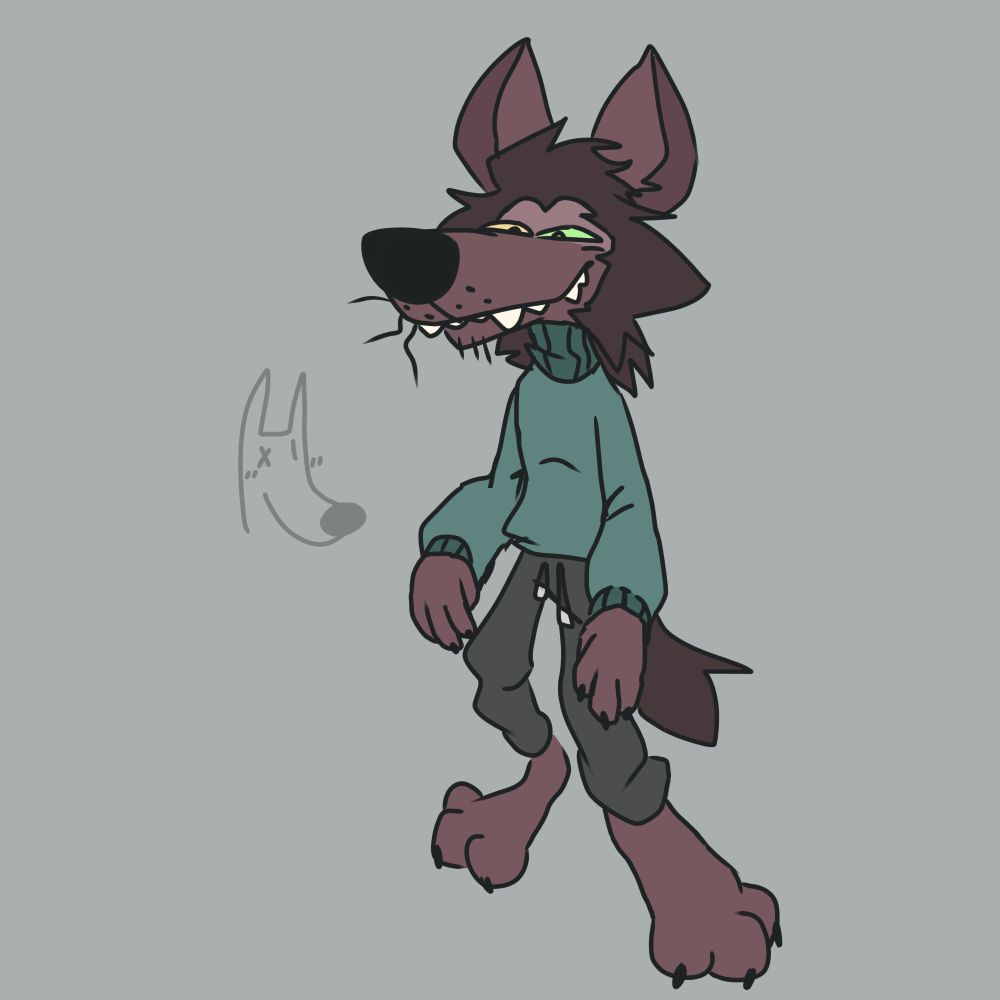 Lanky anthropomorphic dog with messy hair being all happy with a dumb grin in his face because he likes his new clothes, some sort of dark aqua sweater and gray sweatpants(?, all of this while in the background a silly sketch of a wolf can be seen blushing at the dog who he find handsome hehehehehe :3