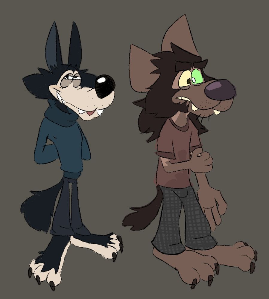 Two anthro characters, in the left theres a wolf with black fur and a silly smile and in the right theres a dog with brown fur slightly concerned