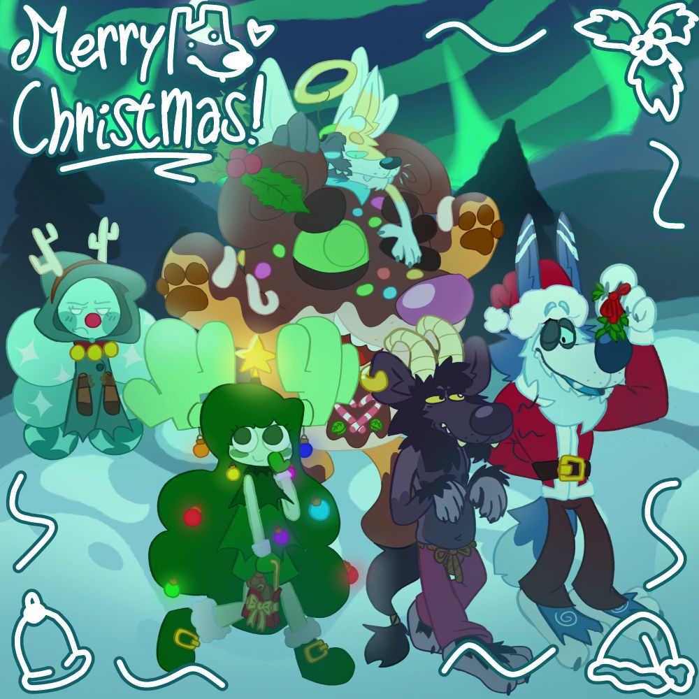 A drawing with the text "Merry christmas" on the top left. 6 characters are shown, a dog dressed up as krampus, a wolf dressed up as santa, a coyote dressed up as an angel, a big badger dressed up as a christmas cake, a cactus girl dressed up as a christmas tree and a marble ball girl dressed up as rudolph. They all are having fun, the wolf is telling the dog that theyre under the mistletoe so they gotta do "you know what" and the dog reaction to that is embarrased-anger. The cactus girl finds the costume of marble girl silly and is giggling a little, and the coyote on top of the badger smacked the right eye of the big badger jokingly. 