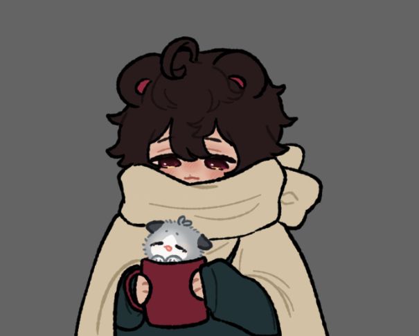 (art) a character with brown hear and bear ears wearing a comfy blanket holding a mug cup with a gray kitten inside