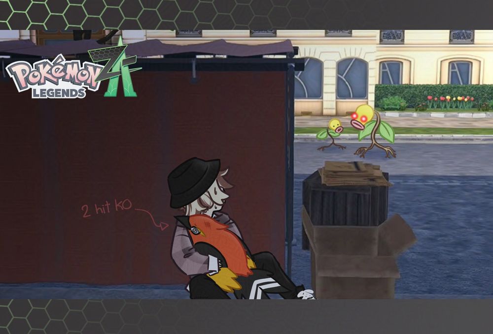 my pokemon legends za trainer hiding from an agressive bellsprout