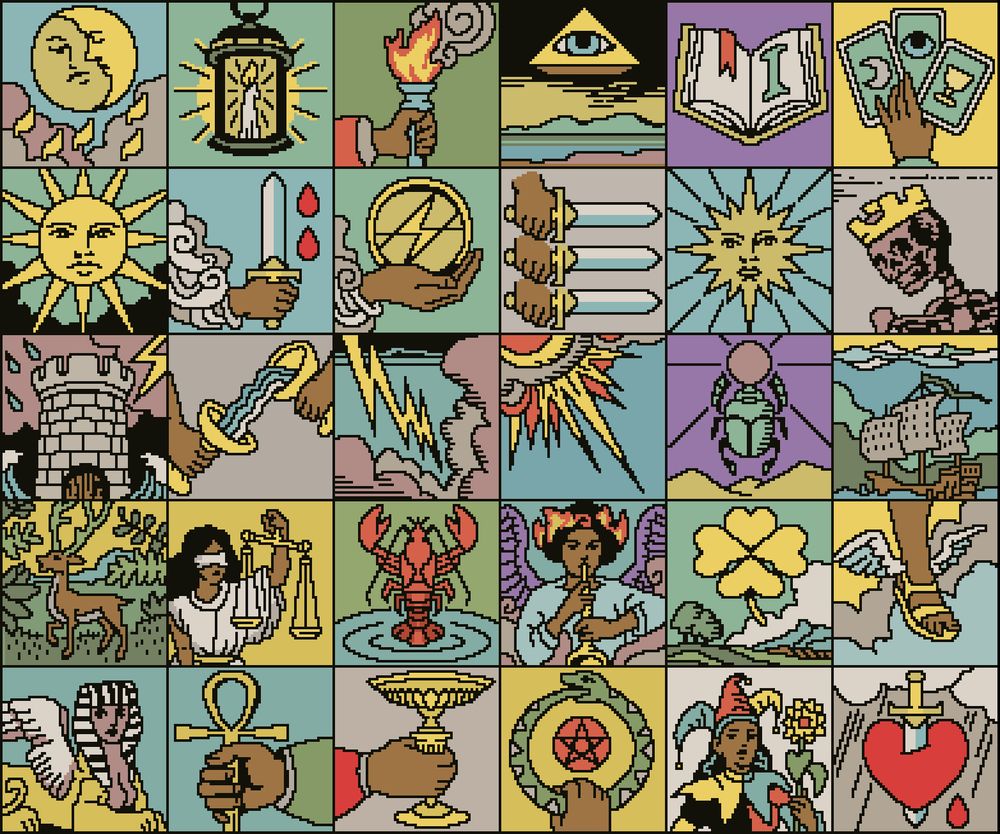 Pixelart illustrations of fictional Tarot cards

Names of the cards:

Row 1: the eclipse / knowledge / the oracle / the Truth / the Tome / The Magician

Row 2: the Sun / the Sword / the Coin / The Reaping / The Star / The Empress

Row 3: The Tower / Temperance / Tempest / The Comet / The Dunes/ The Shipwreck
The Garden / Justice / The Depths / Judgement / The Clover / Mercury

Row 4: the Sphinx / The Ankh / The Grail / Ouroboros / The Fool / Ace of swords