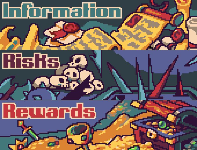 #pixelart #art
Information: a fantasy scroll with a bunch of text on it
Risks: a deadly, bloodied trap, plus spiky weapons
Rewards: a treasure chest sitting on an opulent bed of gold coins