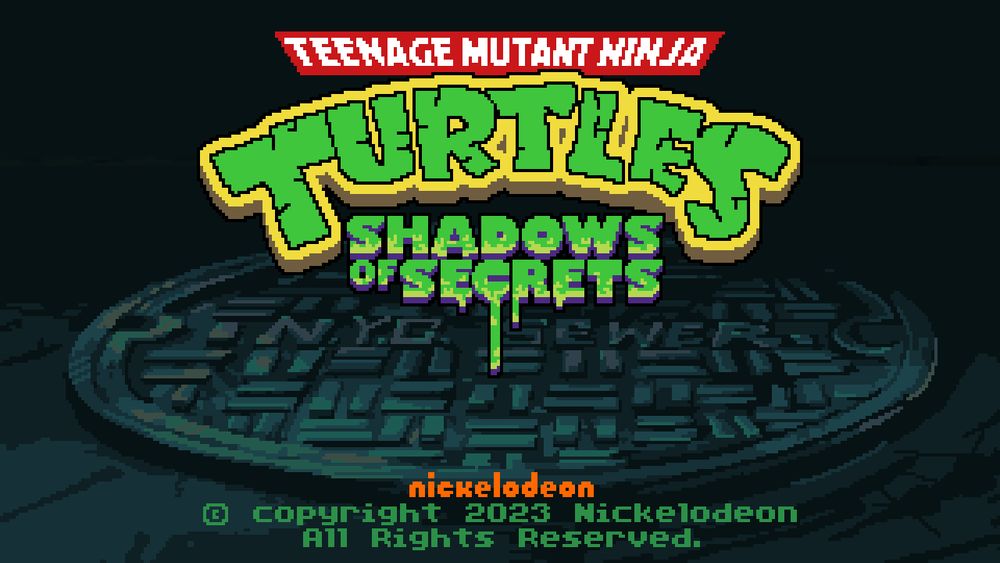 fictional game title screen: Teenage Mutgant Ninja Turtles logo, with the subtitle "Shadows of Secrets" in green oozing letters. In the background, a NYC sewer cover