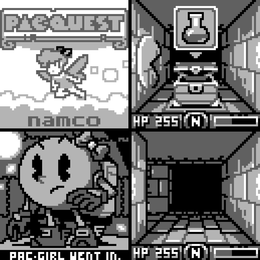title screen, finding a chest, intro (pac-girl in adventurer's clothing) an empty dungeon corridor #pixelart #gamedev