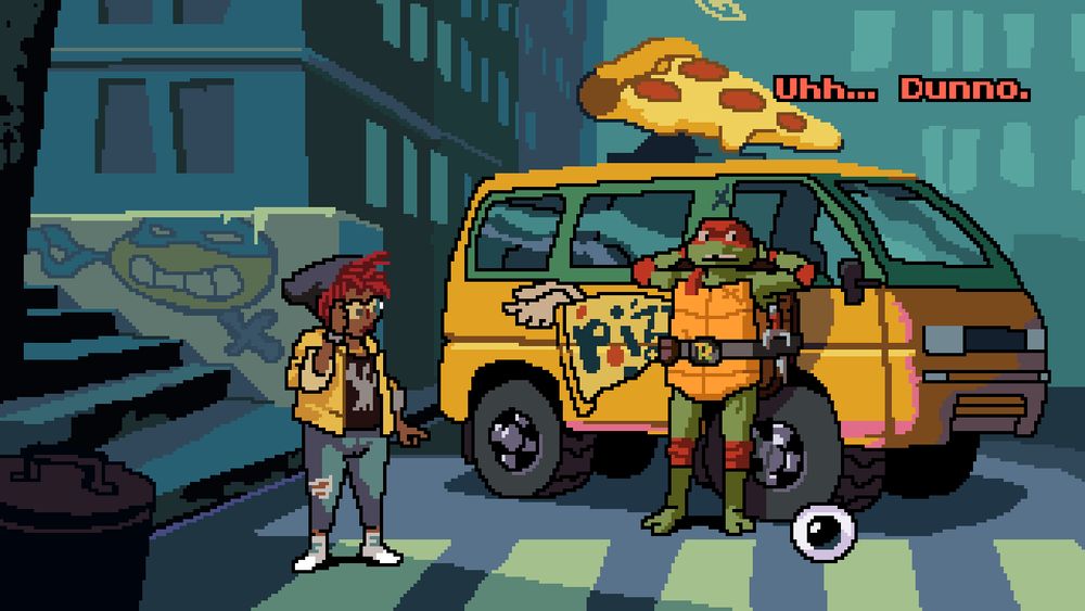 TMNT April O Neil from the Mutant Mayhem continuity touching her glasses in thought, while asking questions of Raph, who's leaning onto the pizza van.