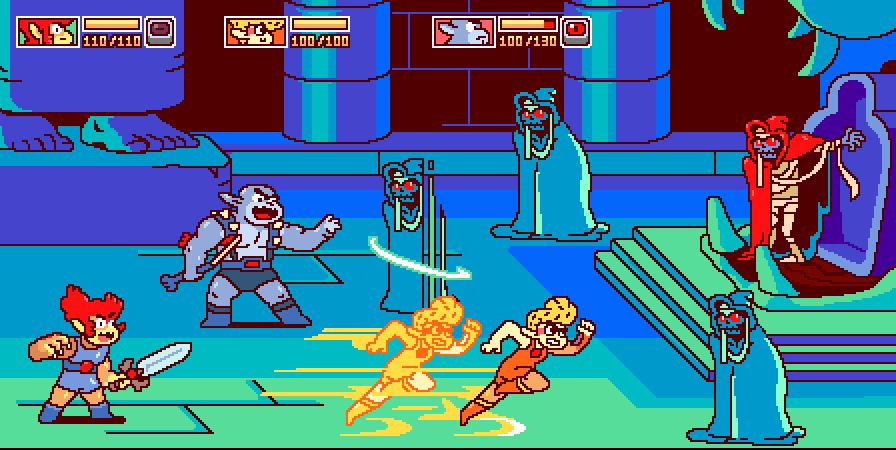 the gang at Mumm-Ra's inner sanctum, fighting off his illusory doubles