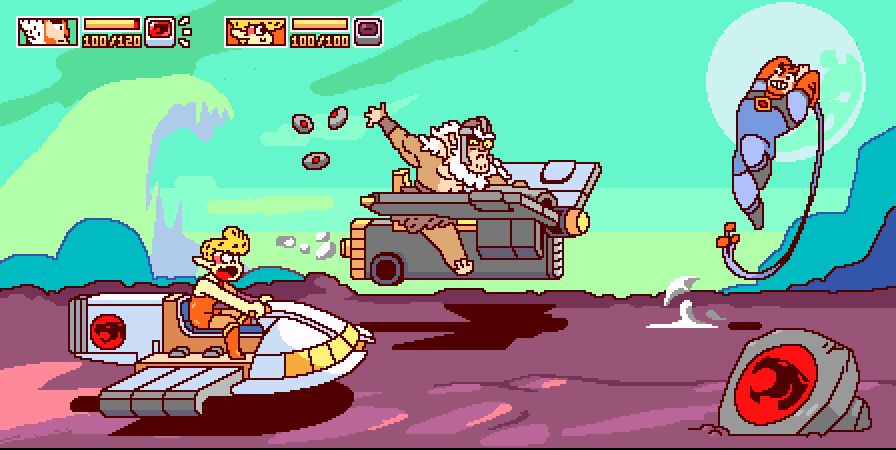 #pixelart thundercats roar. Cheetara and Tygra are trying to stop Monkian who's on the Skycutter. Cheetara is piloting the Thunderclaw