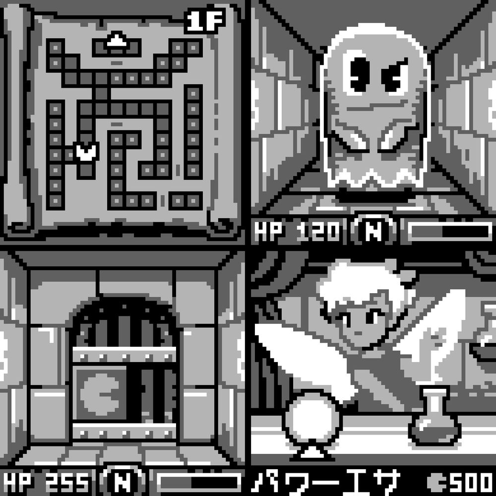 a dungoen map, an encounter (Blinky), a door with a horizontal sliding switch in the shape of pacman, the fairy from PacLand is a shopkeeper. Buy power pills to increase Attack or healing potions to recover HP