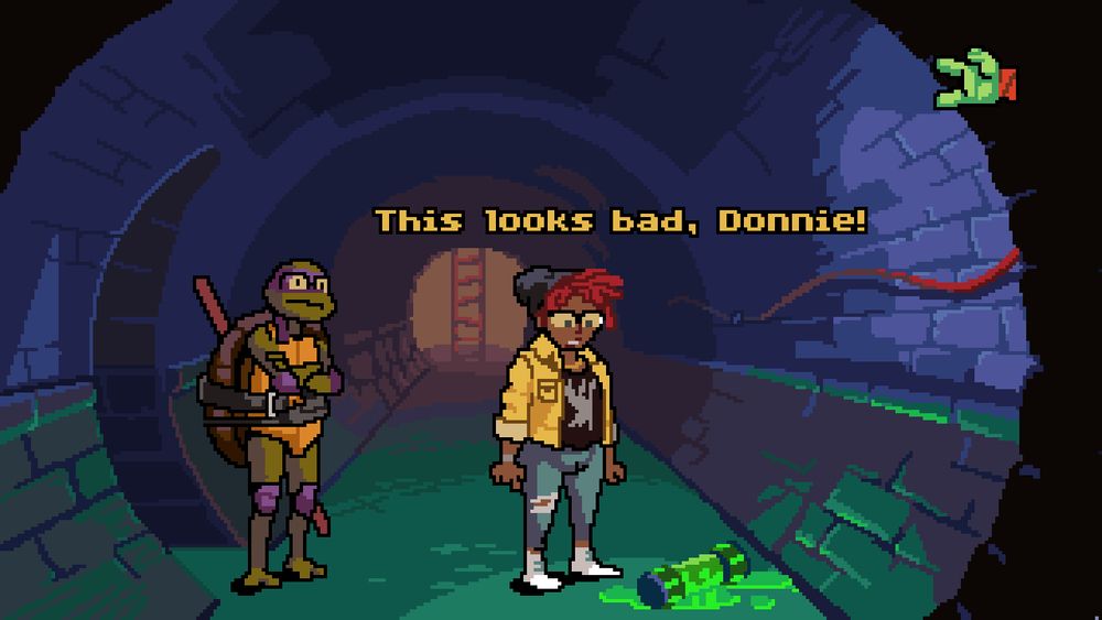 Donatello, arms crossed, looking very worried, while April is looking at a broken canister of spilled ooze on the floor. April's dialogue reads "This looks bad, Donnie!"