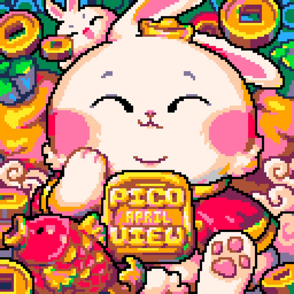#pixelart #art A bunny in a lush red cape with gold trimmings, a red and golden carp, a yuanbao ingot, gold coins, huge carrots, and other symbols of wealth and fortune. A smaller bunny says hi from behind the big one