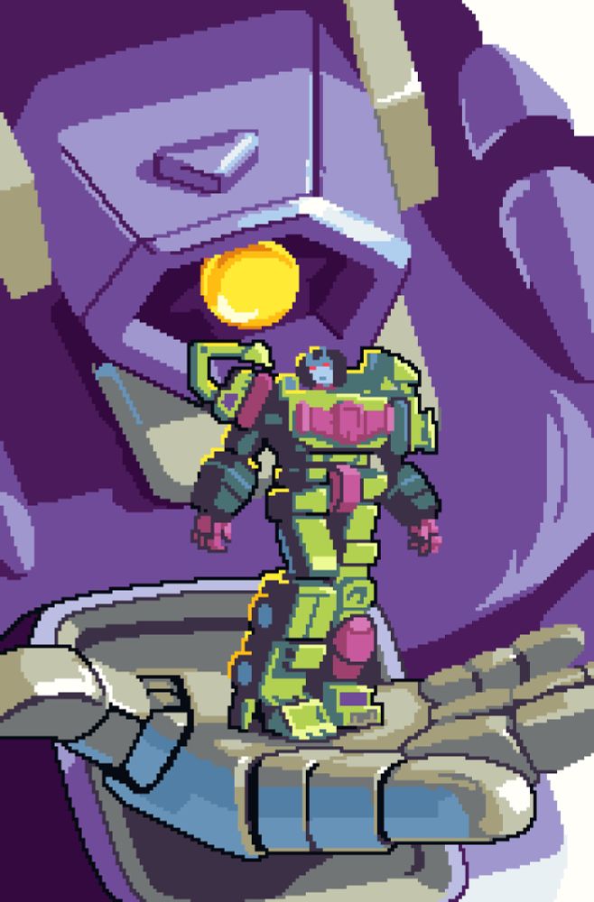 Devastator in the palm of Shockwave's hand, looking distraught. #pixelart