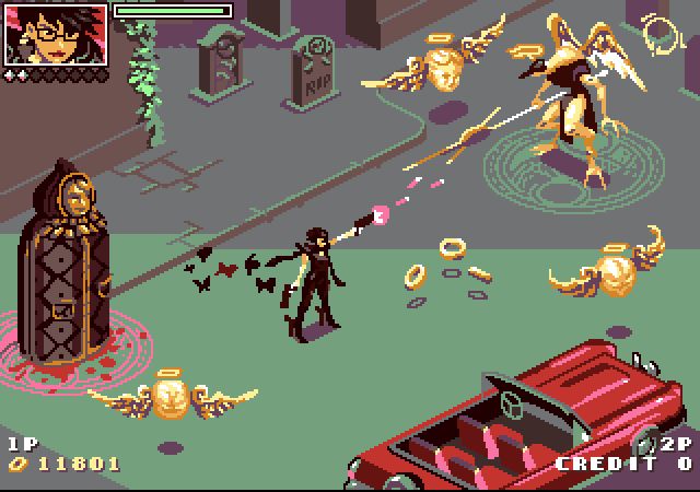 illustration of the game Bayonetta as an older isometric style capcom arcade game.