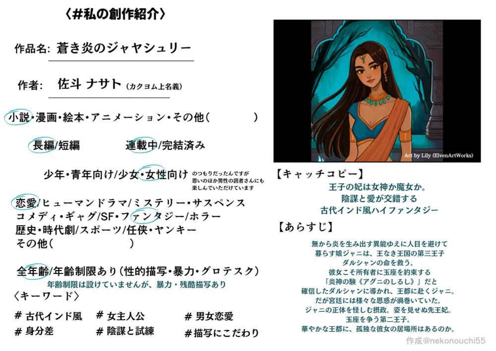 〈#私の創作紹介〉
作品名：蒼き炎のジャヤシュリー
作者：佐斗ナサト（カクヨム上名義）
小説・長編・連載中
少女・女性向け　のつもりだったんですが思いのほか男性の読者さんにも楽しんでいただけています
恋愛・ファンタジー
全年齢　年齢制限は設けていませんが、暴力・残酷描写あり
〈キーワード〉
#古代インド風 #女主人公 #男女恋愛
#身分差 #陰謀と試練 #描写にこだわり

黒髪褐色女子のイラスト。Art by Lily (ElvenArtWorks)

【キャッチコピー】
王子の妃は女神か魔女か。
陰謀と愛が交錯する
古代インド風ハイファンタジー

【あらすじ】
無から炎を生み出す異能ゆえに人目を避けて暮らす娘ジャニは、王なき王国の第三王子ダルシャンの命を救う。彼女こそ所有者に玉座を約束する「炎神の験《アグニのしるし》」だと確信したダルシャンに導かれ、王都に赴くジャニ。だが宮廷には様々な思惑が渦巻いていた。ジャニの正体を怪しむ摂政。姿を見せぬ先王妃。玉座を争う第二王子。華やかな王都に、孤独な彼女の居場所はあるのか。