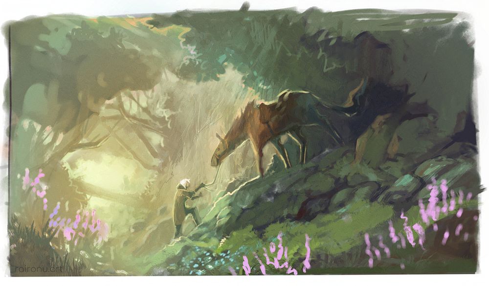 forest scene with a person leading a nothorse down the slope