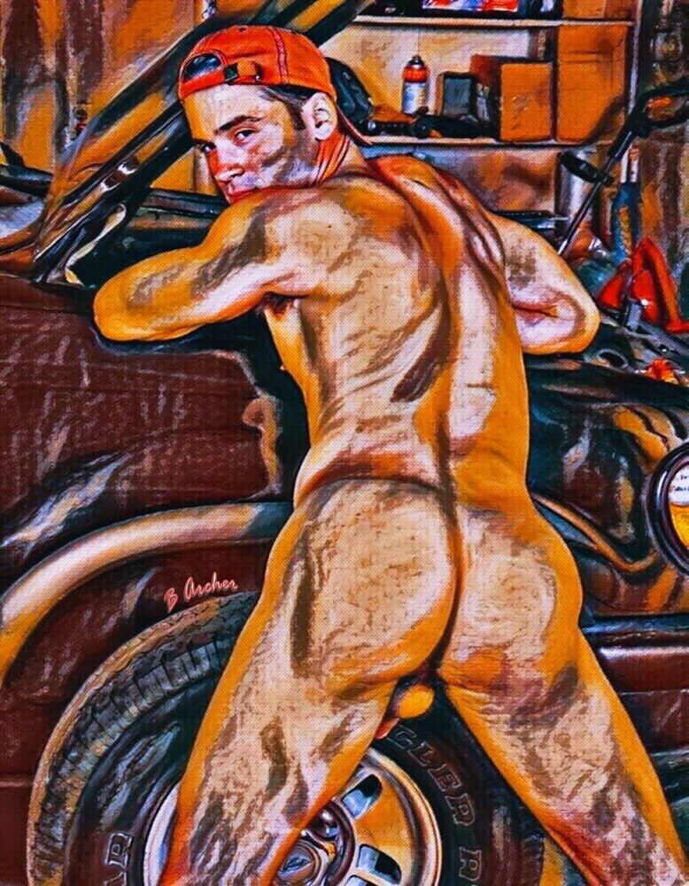 Hot young nude dirty mechanic leans forward against car, showing his butt with his dick and balls hanging below (digital art)