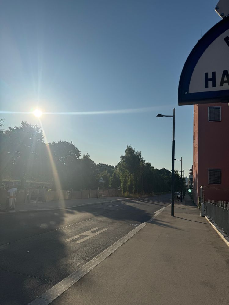 Gehsteig. 
Strasse. 
Mauer. 
Friedhof. 
Bäume. 
Aufgehende Sonne. 